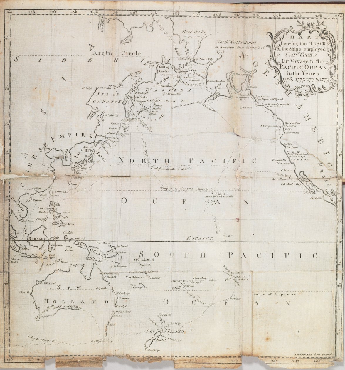 Frontispiece mapa z „Poslední plavby kapitána Cooka do Tichého oceánu a při hledání severozápadní cesty mezi Asií a Amerikou“ od Johna Ledyarda, 1783 od American School