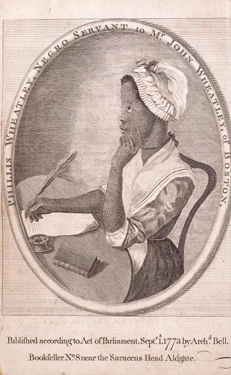 Frontispisový portrét autora, Phillis Wheatley, z knihy „Básně na různá témata, náboženská a morální“ od American School
