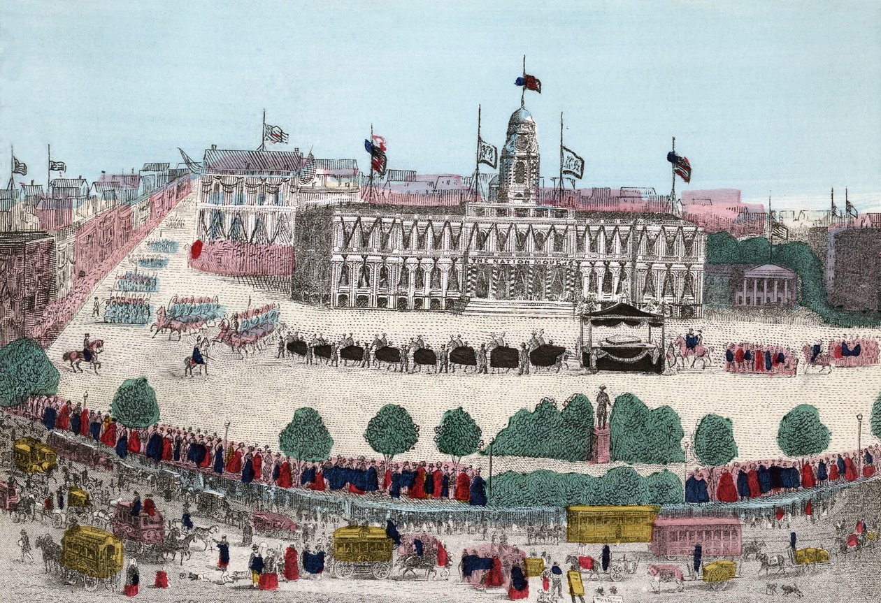 Pohřební průvod Abrahama Lincolna, 25. dubna 1865 v New Yorku, hospoda. 1865 (ručně kolorovaná rytina) od American School