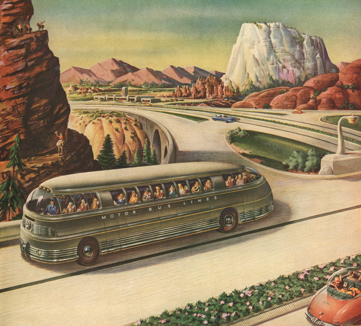 Futuristický osobní autobus na dálnici na americkém jihozápadě od American School