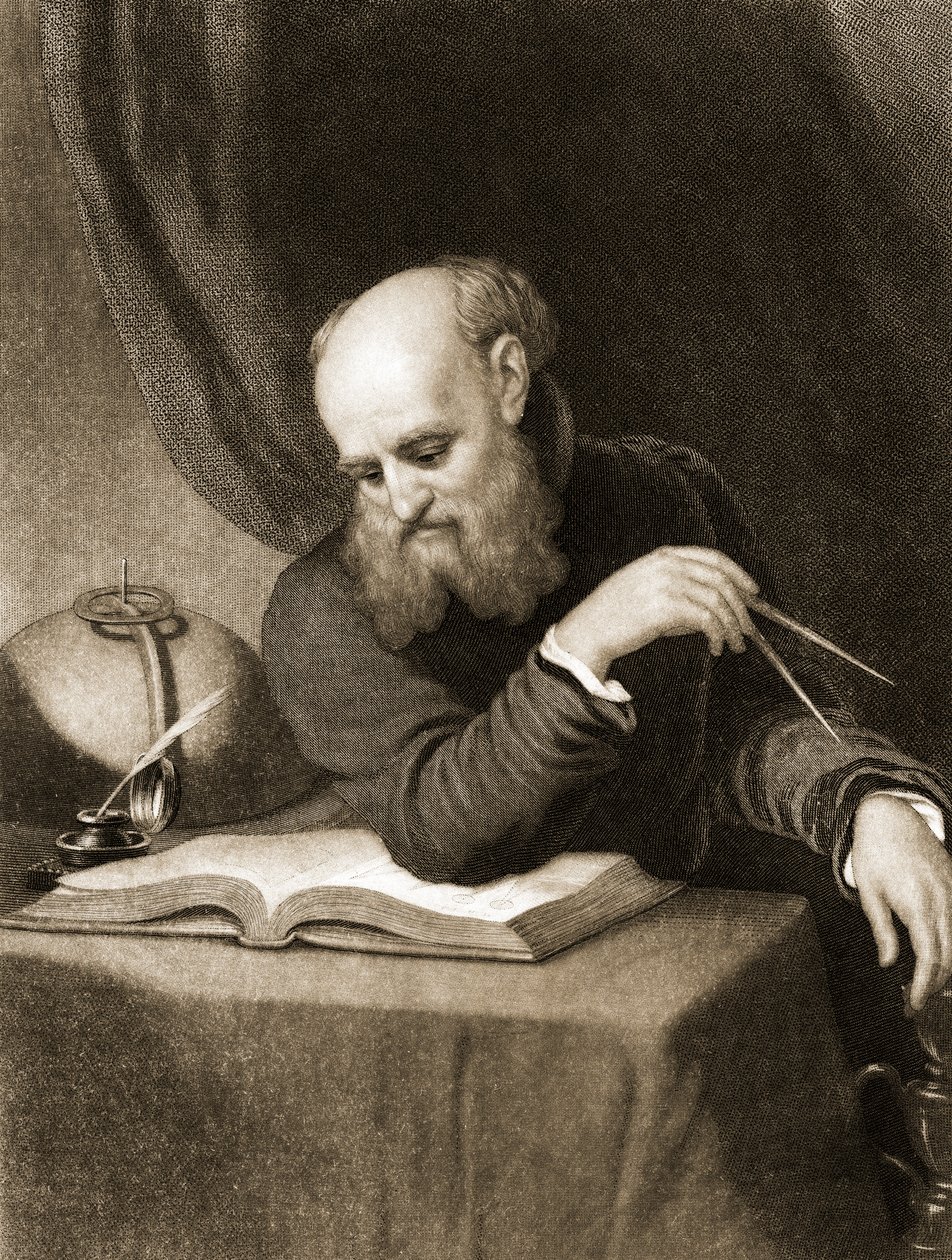 Galileo s kompasem a diagramy, asi 1880 (rytina) od American School
