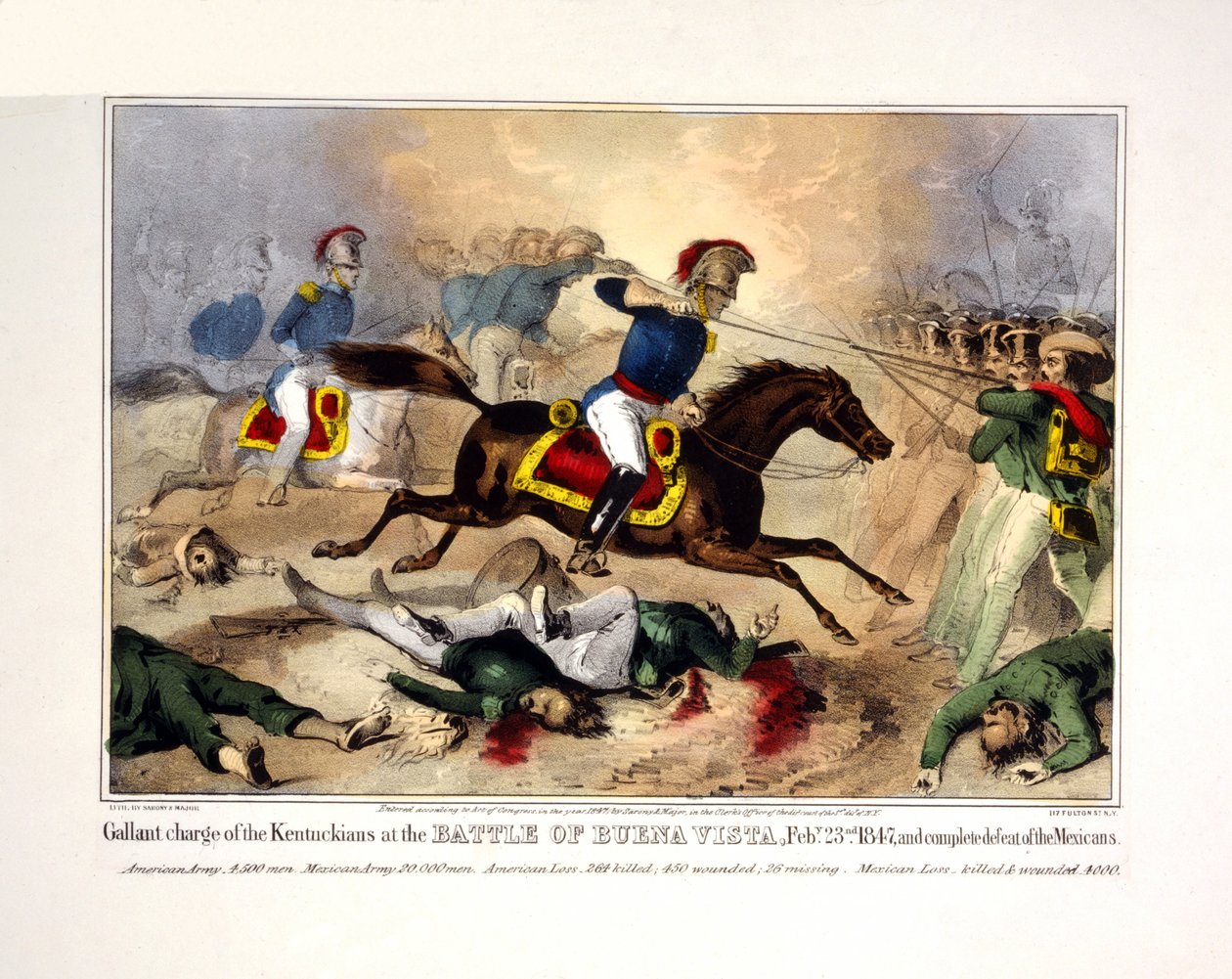 Statečný útok kentuckých vojáků v bitvě u Buena Visty, Feby. 1847 a úplná porážka Mexičanů, pub. 1847 (ručně kolorovaná litografie) od American School