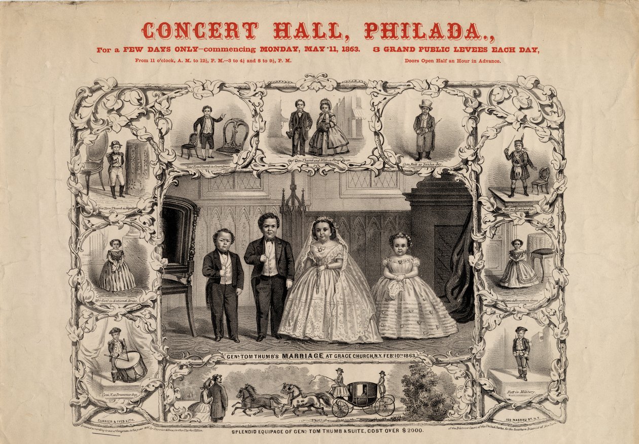 Generál Tom Thumb s manželkou, Com. Nutt a slečna Minnie Warrenová, nakladatelství Currier & Ives, 1863. od American School