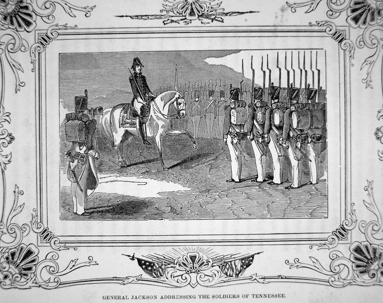 Generál Andrew Jackson hovoří s milicí Tennessee před bitvou u Horseshoe Bend, 27. března 1814 od American School