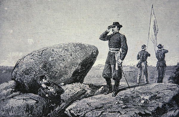 Generál G.K. Warren na signální stanici na Little Round Top, bitva u Gettysburgu od American School