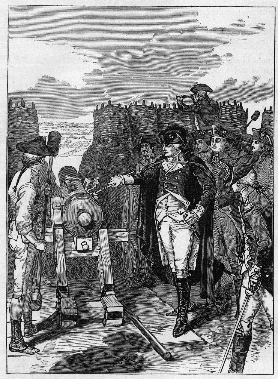 Generál George Washington a první střelba z děla v obležení Yorktownu v roce 1781 od American School