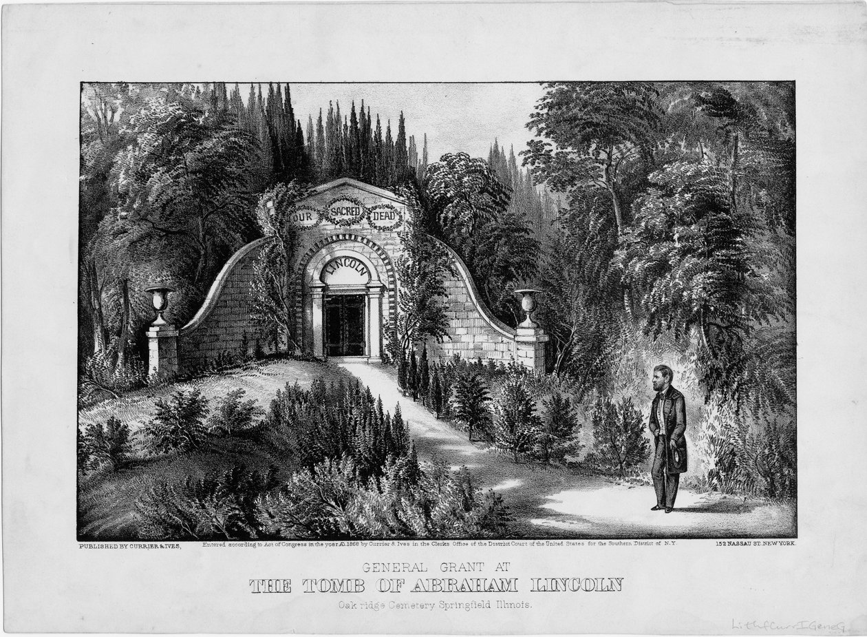 Generál Grant u hrobky Abrahama Lincolna, hřbitov Oak Ridge, Springfield, Illinois, hospoda. od Currier & Ives, 1868 od American School