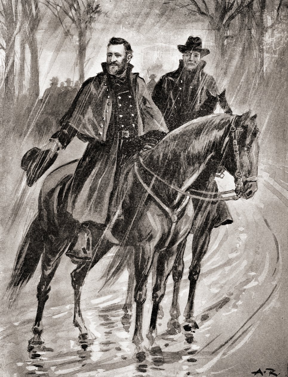 Generál Grant průzkum v dešti v Belmontu, Missouri, před bitvou v roce 1861, z „Historie naší země“, vydané v roce 1905 (litho) od American School