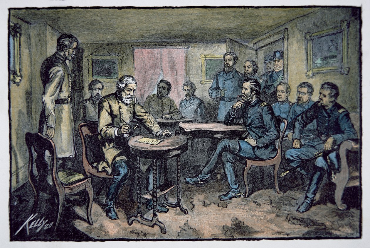 Generál Robert E. Lee (1807-70) se vzdává generálu Ulysses S. Grantovi (1822-85) u soudu Appomattox, 9. dubna 1865 (barevné lito) od American School