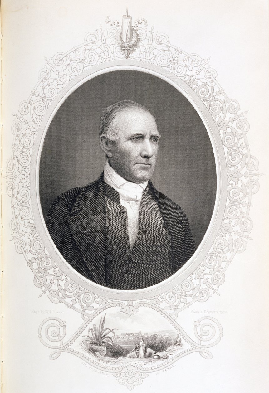 Generál Samuel Houston, z „Dějiny Spojených států“, sv. II, Charles Mackay, vyryto z daguerrotypie (rytina) od American School