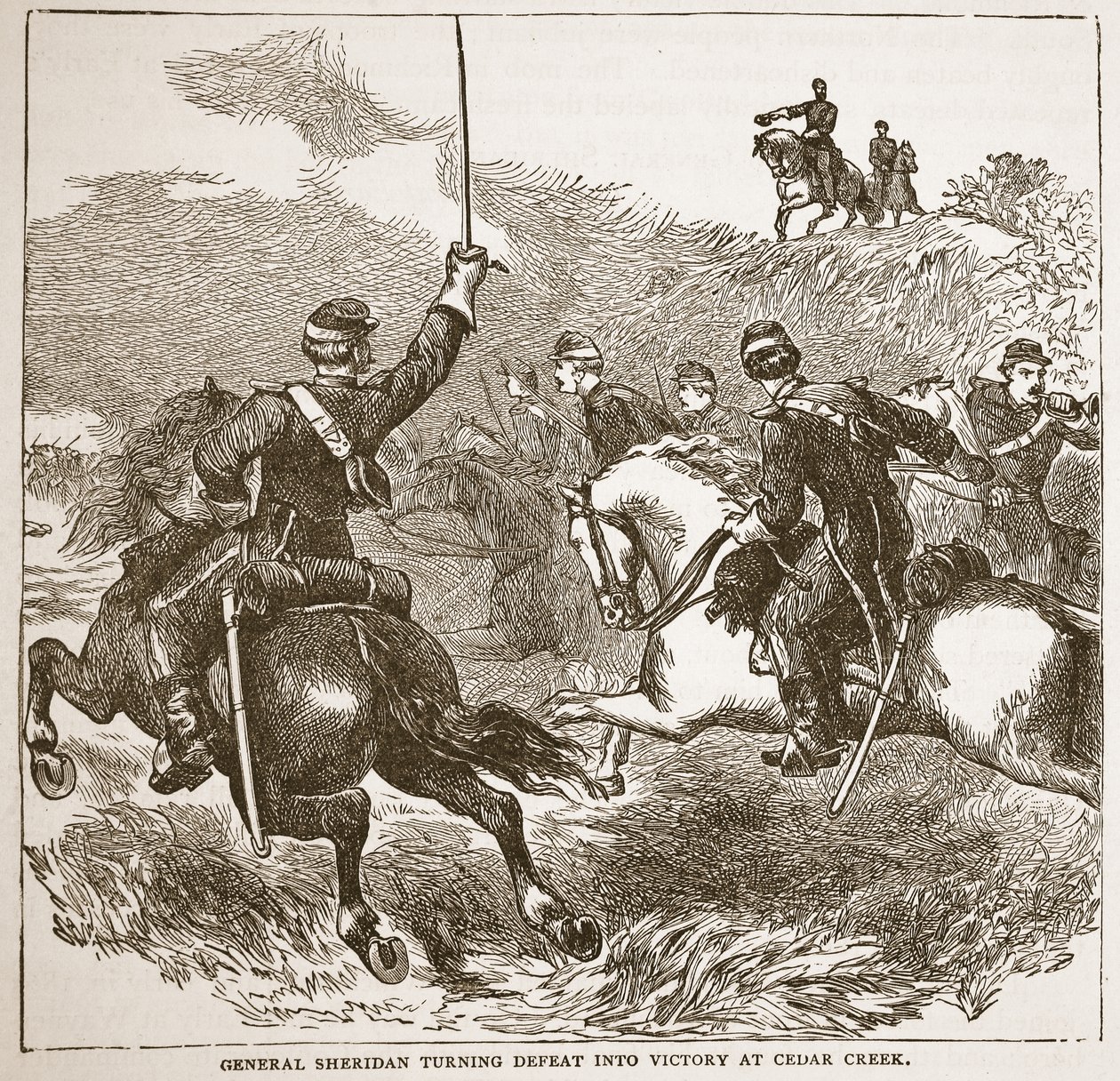 Generál Sheridan mění porážku ve vítězství u Cedar Creeku, z knižní publikace. 1896 od American School