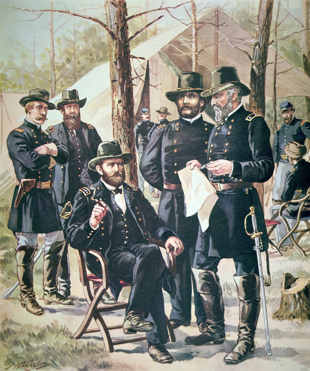Generál Ulysses Simpson Grant, velitel sil Unie v bitvě u Shiloh, 6.-7. dubna 1862 (barevně lito) od American School