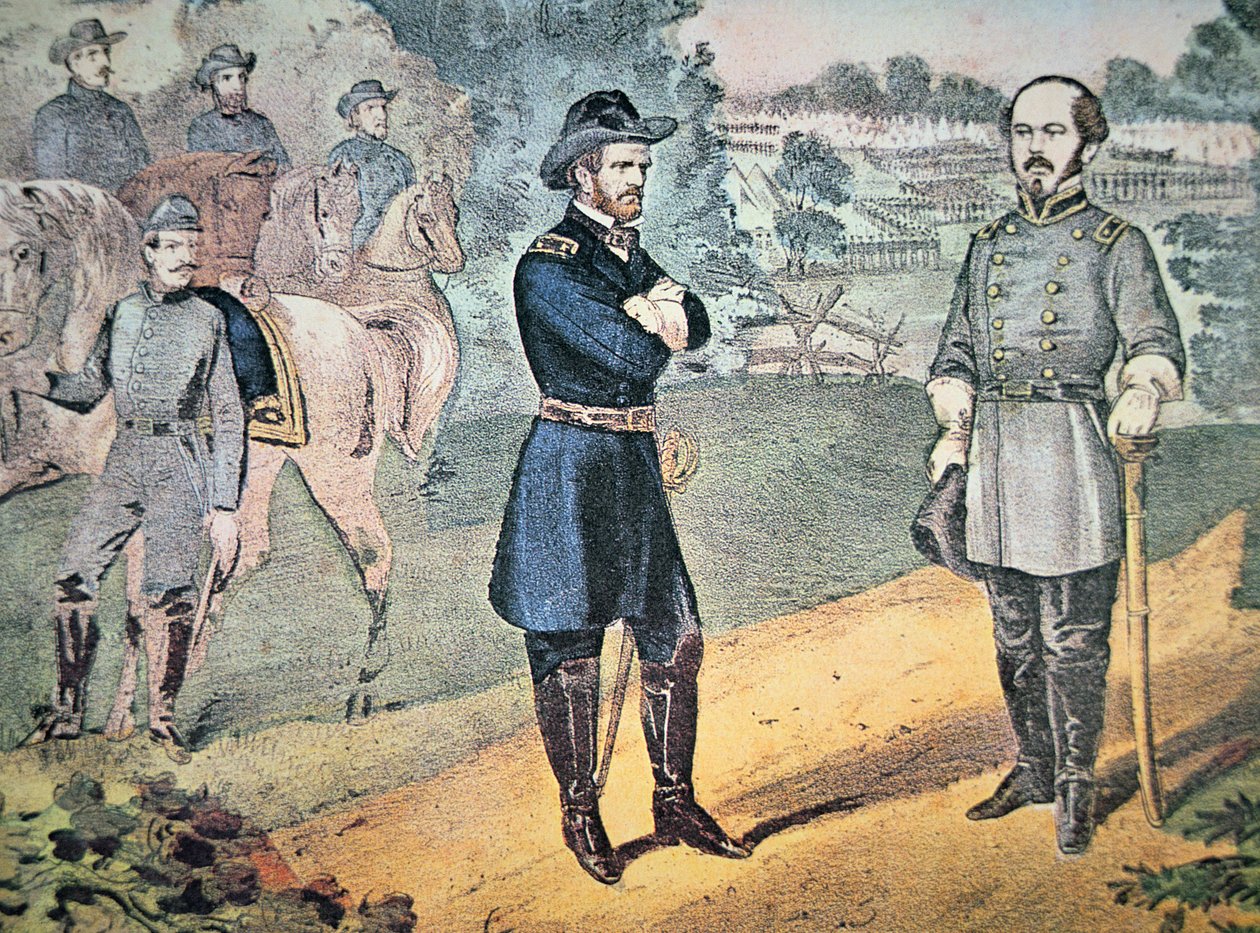 Generálové Sherman a Johnson se setkávají, aby zařídili kapitulaci konfederačních sil v Severní Karolíně v roce 1865 (barevně lito) od American School