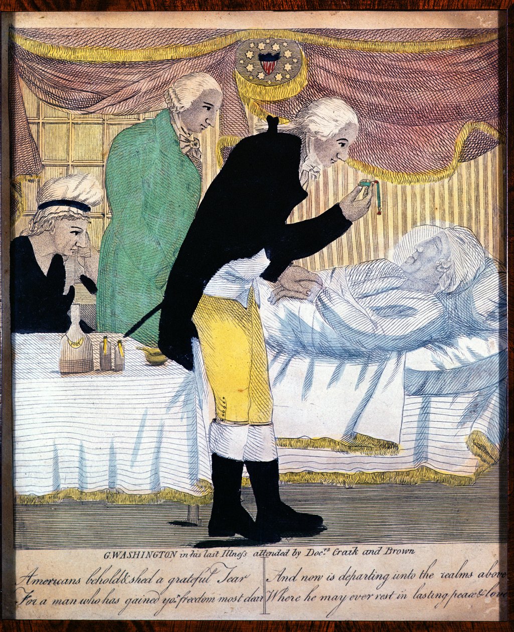George Washington ve své poslední nemoci, navštěvované lékaři Craikem a Brownem, 1799 od American School