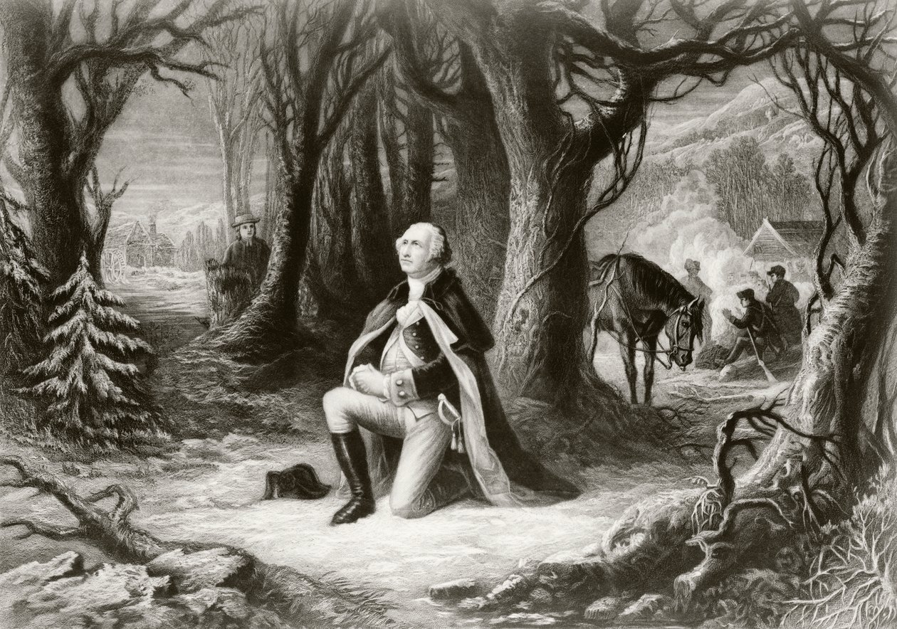 George Washington se modlí v táboře americké revoluční války ve Valley Forge v zimě 1777-78, podle obrazu Henryho Bruecknera od American School