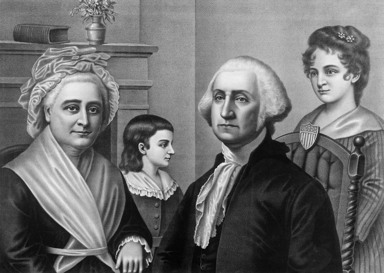 George Washington s manželkou Marthou Washingtonovou a svými dětmi v Mount Vernon. Rytina kolem roku 1880. od American School