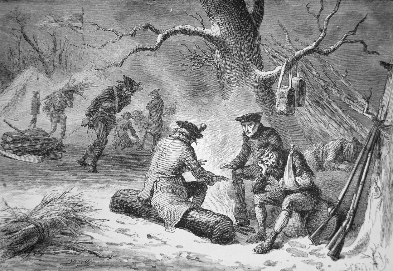 Vojáci George Washingtona ve Valley Forge, zima 1777-78 (litho) od American School