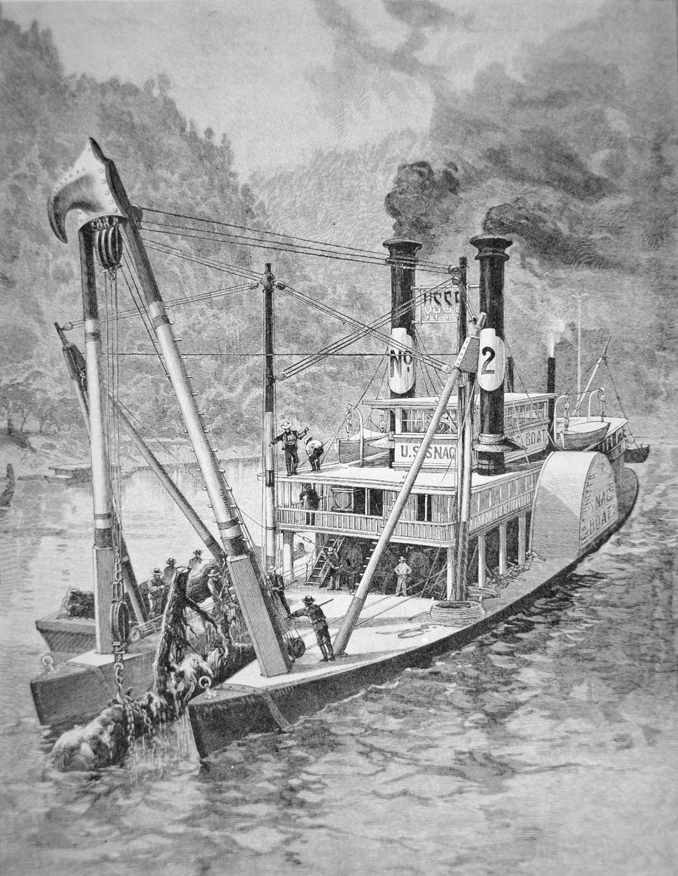 Vládní zádrhel, který odstraňuje klády nebo zádrhely z Mississippi, kolem roku 1870 (rytina) od American School