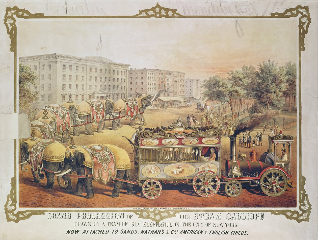 Velký průvod Steam Calliope tažený týmem šesti slonů ve městě New York, 1857 od American School
