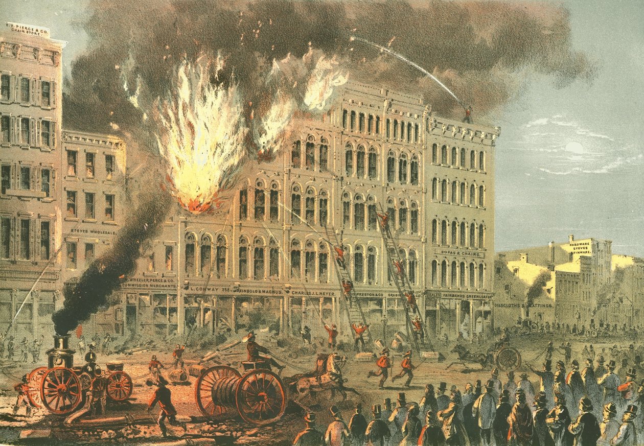 Great Fire on Lake Street, od Chicago Illustrated, s literárními popisy Jamese W. Sheahana, vydal Jevne & Almini, Chicago, 1866-67 od American School