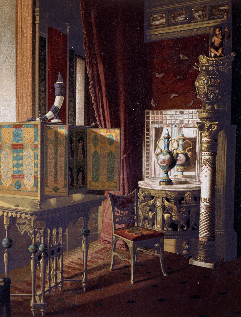 Great Hall, Van der Bilt Hotel v New Yorku, ložnice, ca 1840, barevná rytina od American School