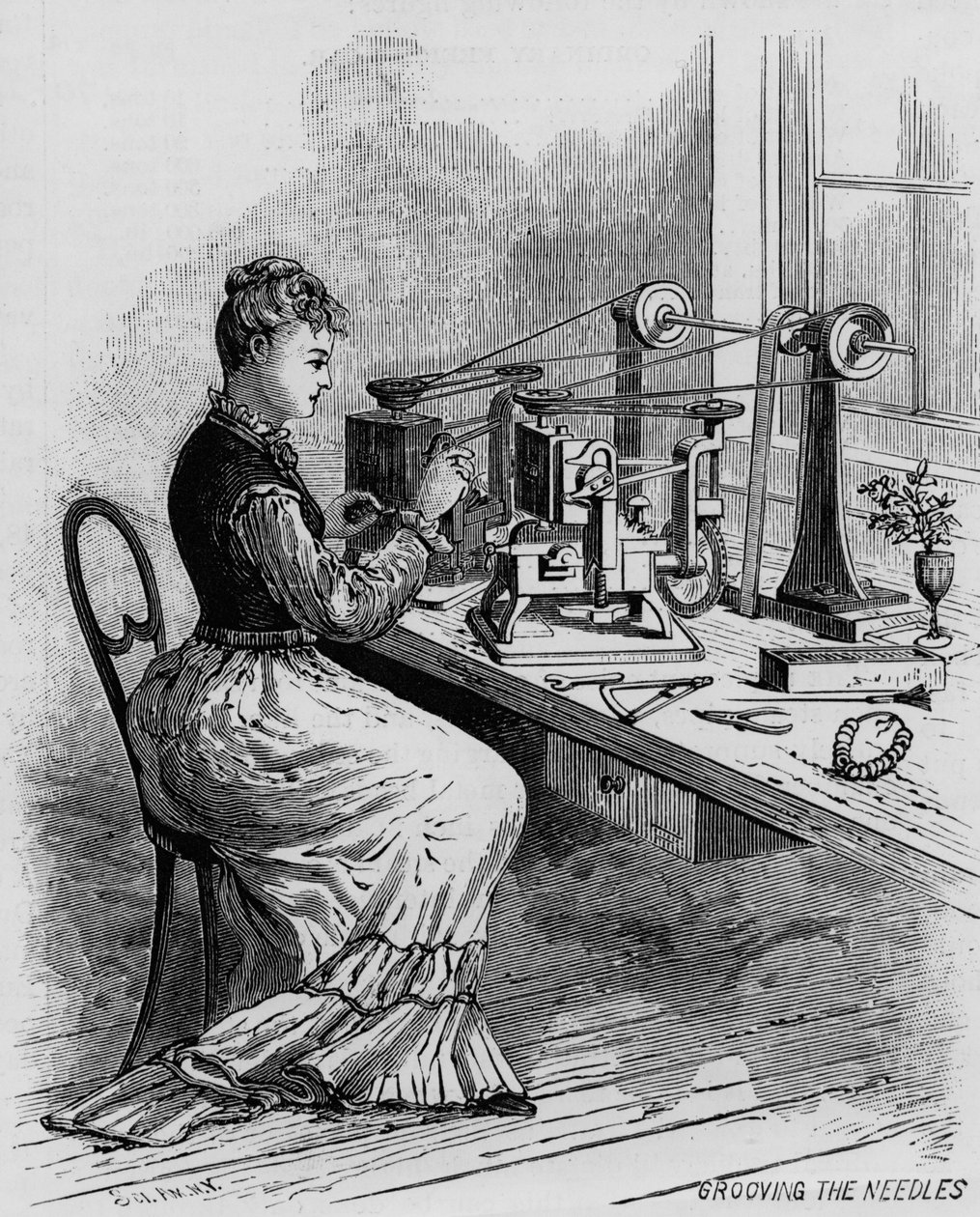 Drážkování jehel, ilustrace znázorňující výrobu šicích strojů z časopisu Scientific American, 1879 od American School