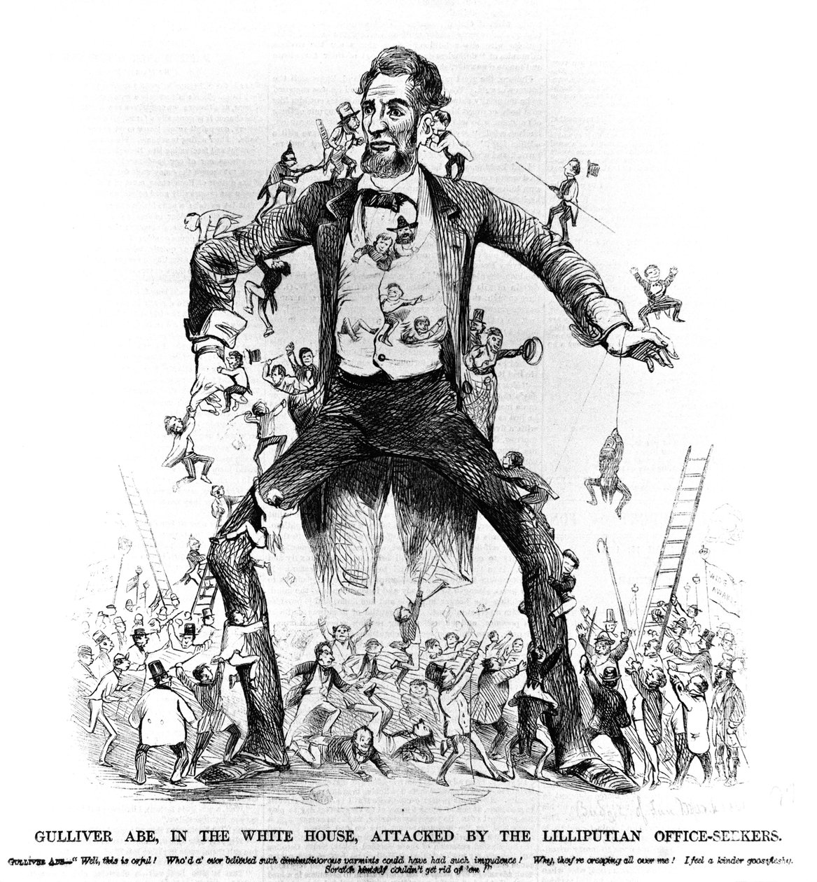 Gulliver Abe, v Bílém domě, napaden liliputánskými hledači úřadu, od Franka Lesliese Budget of Fun, 15. března 1861 od American School