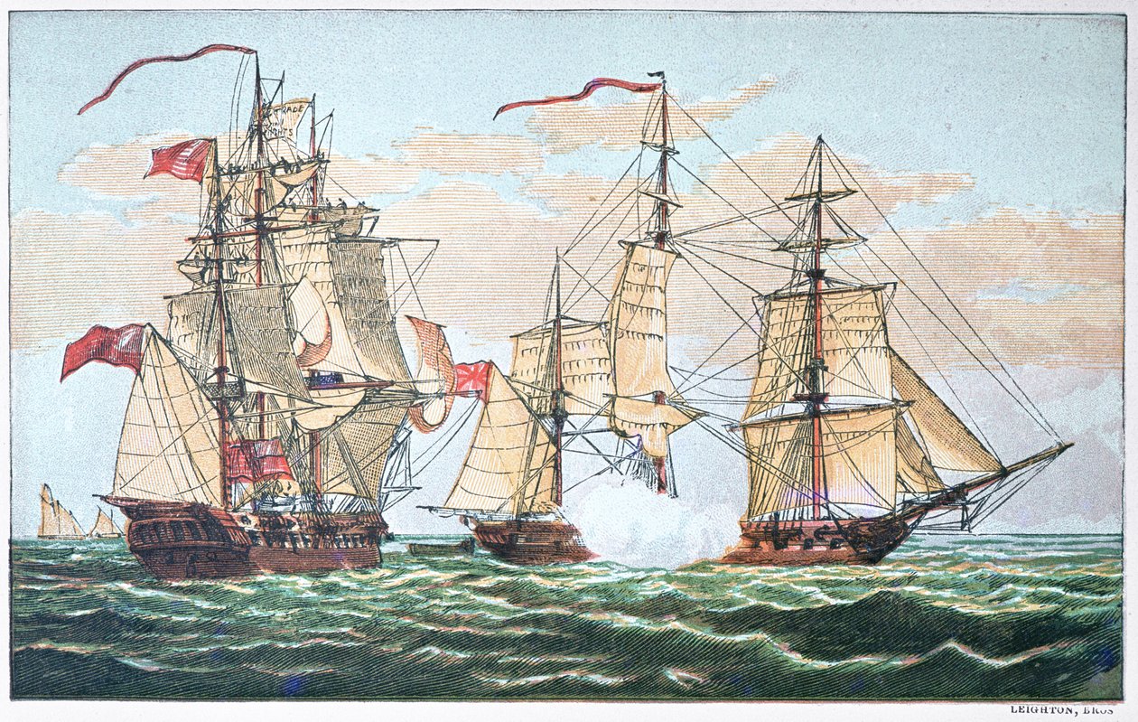 HMS Shannon vs americký Chesapeake v roce 1813 během války v roce 1812 (barevné lito) od American School