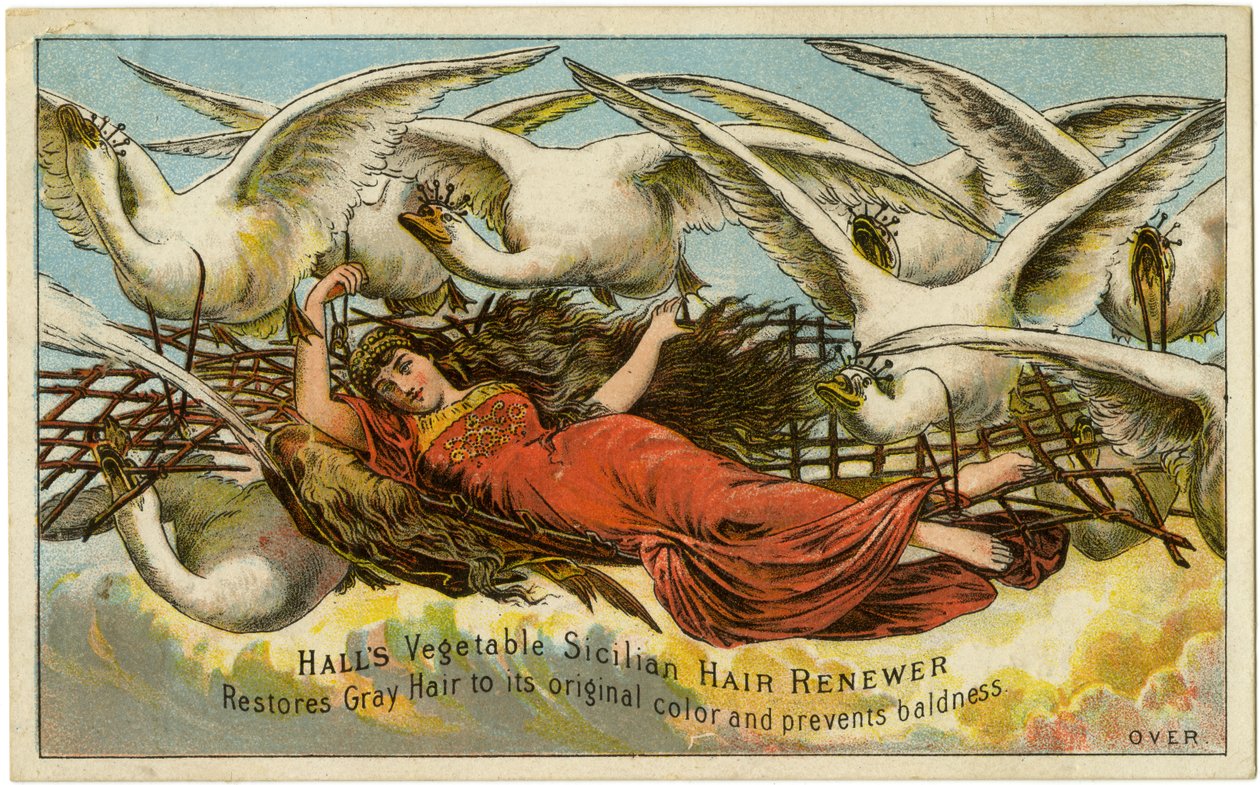 Halls Vegetable Sicilian Hair Renewer, navrací šedým vlasům jejich původní barvu a zabraňuje plešatění, Recto (barva litho [obchodní karta]) od American School
