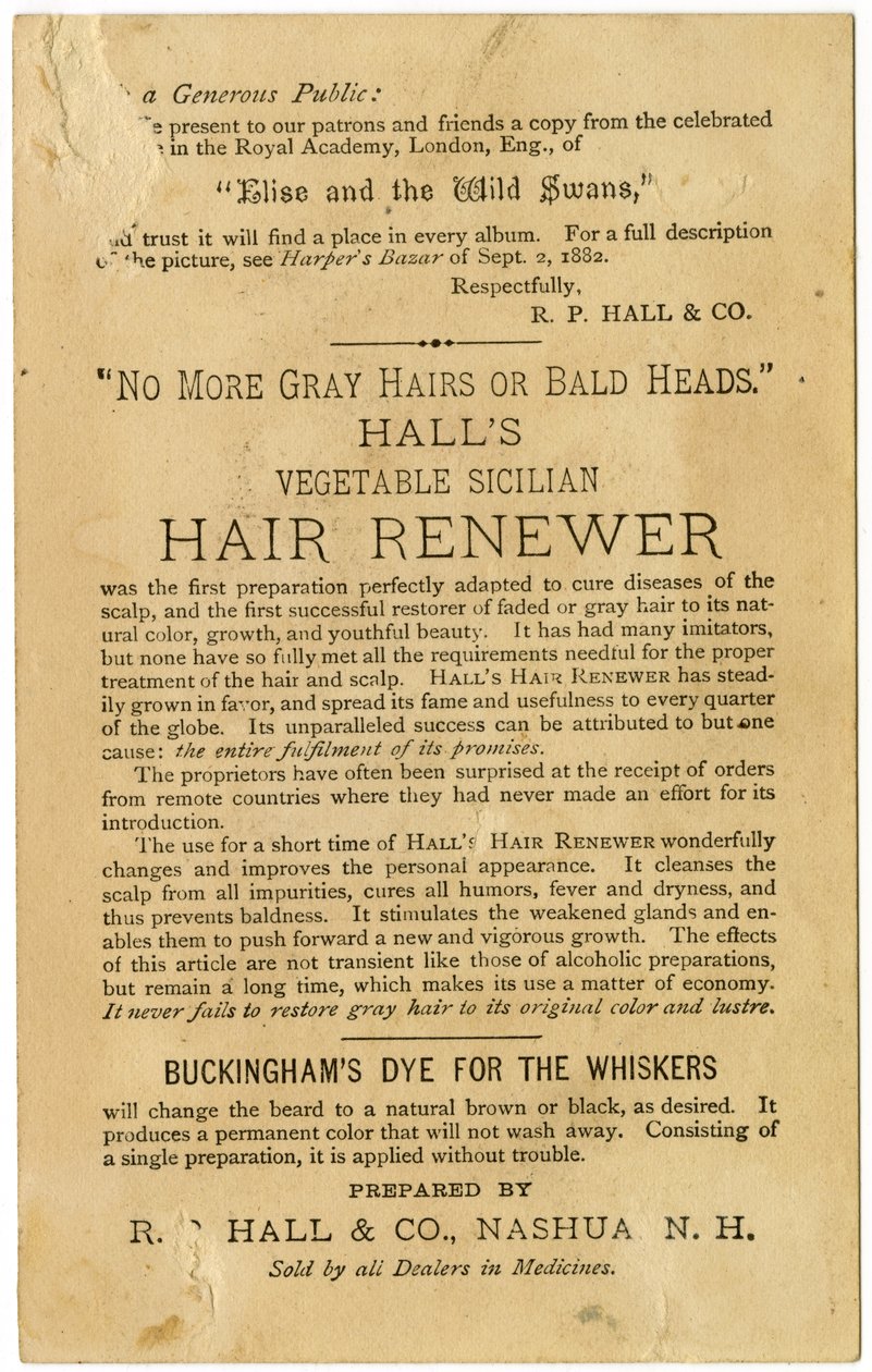 Halls Vegetable Sicilian Hair Renewer, navrací šedým vlasům jejich původní barvu a zabraňuje plešatění. Verso, (litografie [obchodní karta]) od American School