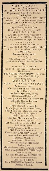 Handbill komentující zproštění viny kapitána Prestona a šesti vojáků po jejich soudu v říjnu 1771 (litho) od American School