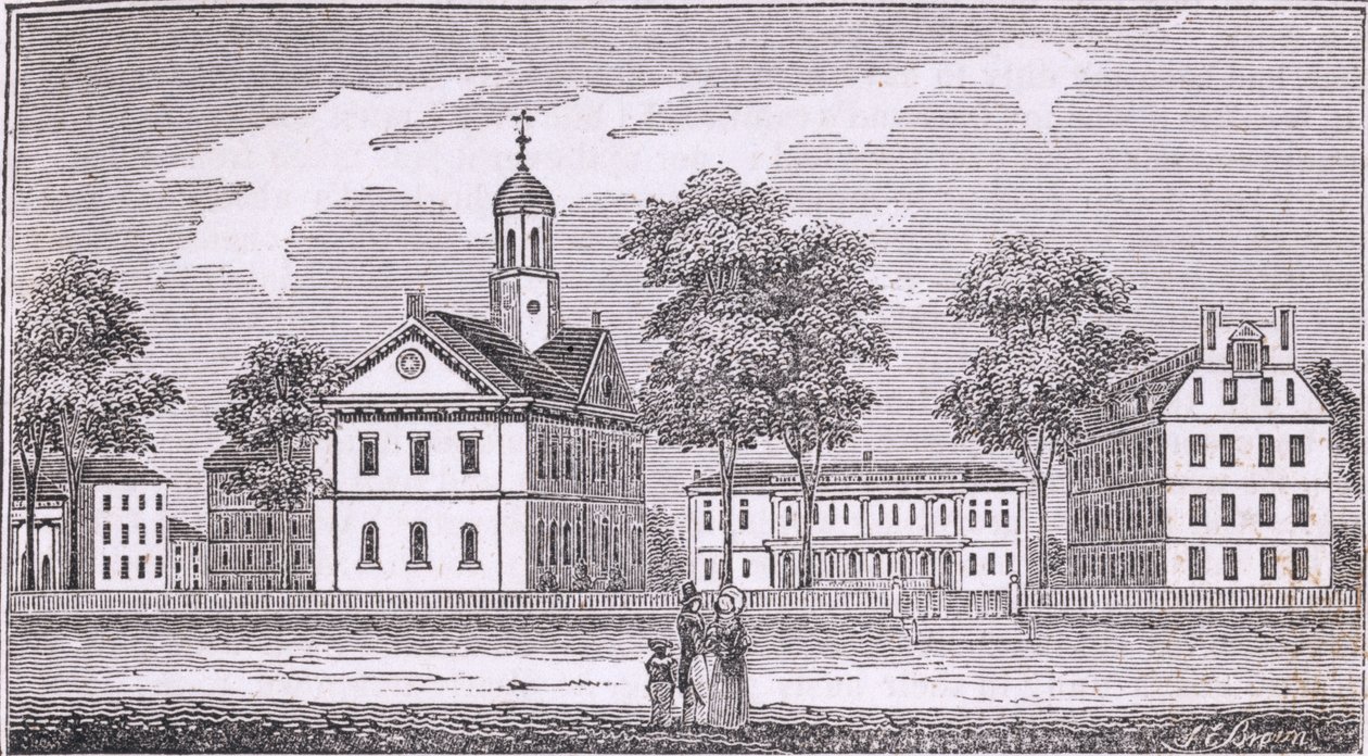 Harvard University, Cambridge, z „Historických sbírek Massachusetts“, John Warner Barber, 1839 od American School