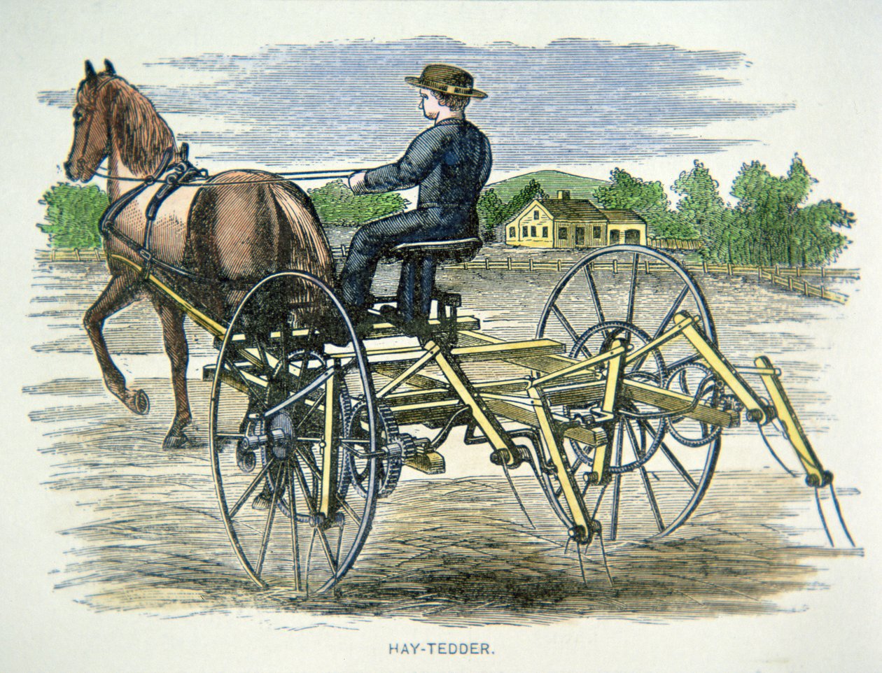 Zemědělský obraceč sena, cca 1880 (barevné rytí) od American School