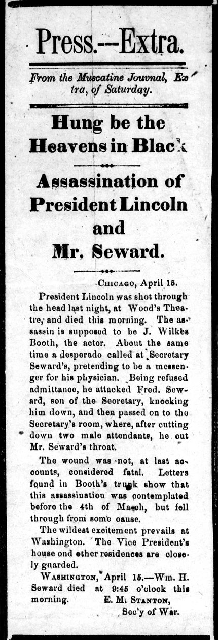 Titulek oznamující atentát na Abrahama Lincolna (1809-65) a pokus o atentát na Williama Sewarda (1801-72) z Press Extra, 15. dubna 1865 (tisk) od American School