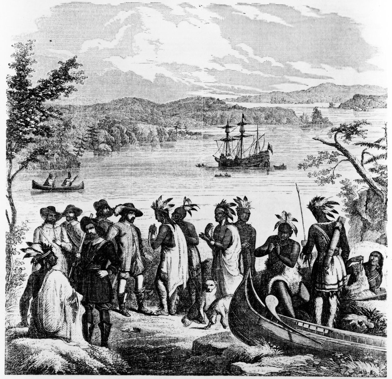 Henry Hudson sestupuje po řece Hudson, ilustrace z Ballouova obrazového průvodce kreslením, 12. dubna 1856. od American School