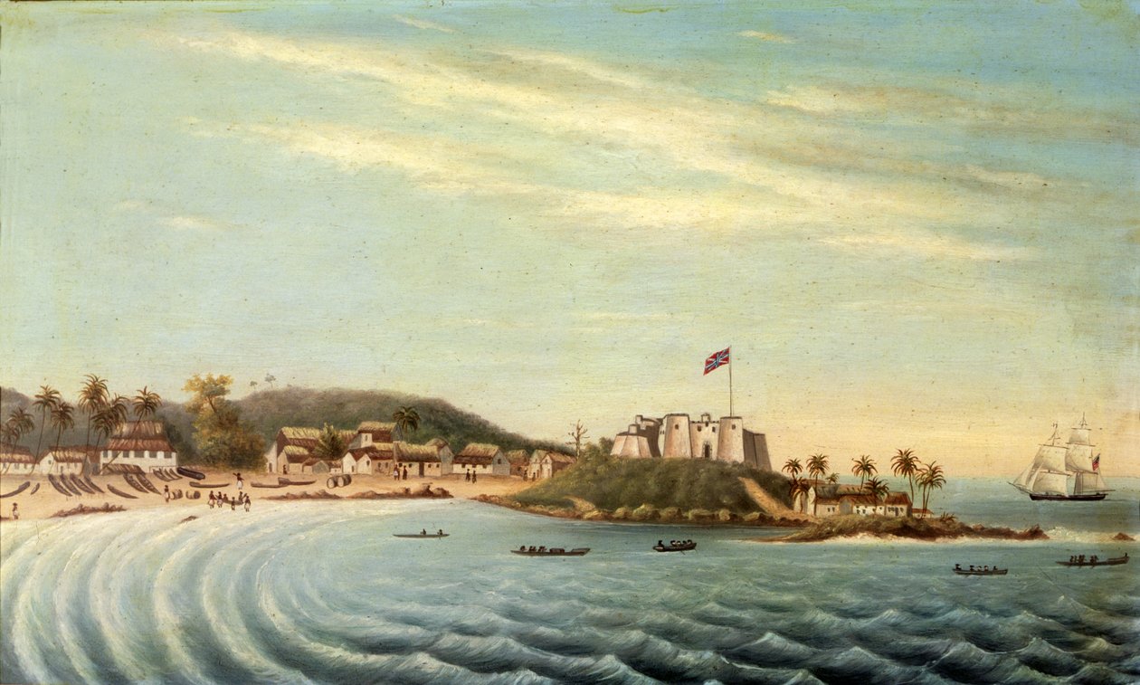 "Herald" Brig vjíždějící do Dixcove, Zlaté pobřeží, Afrika (olej na plátně) od American School