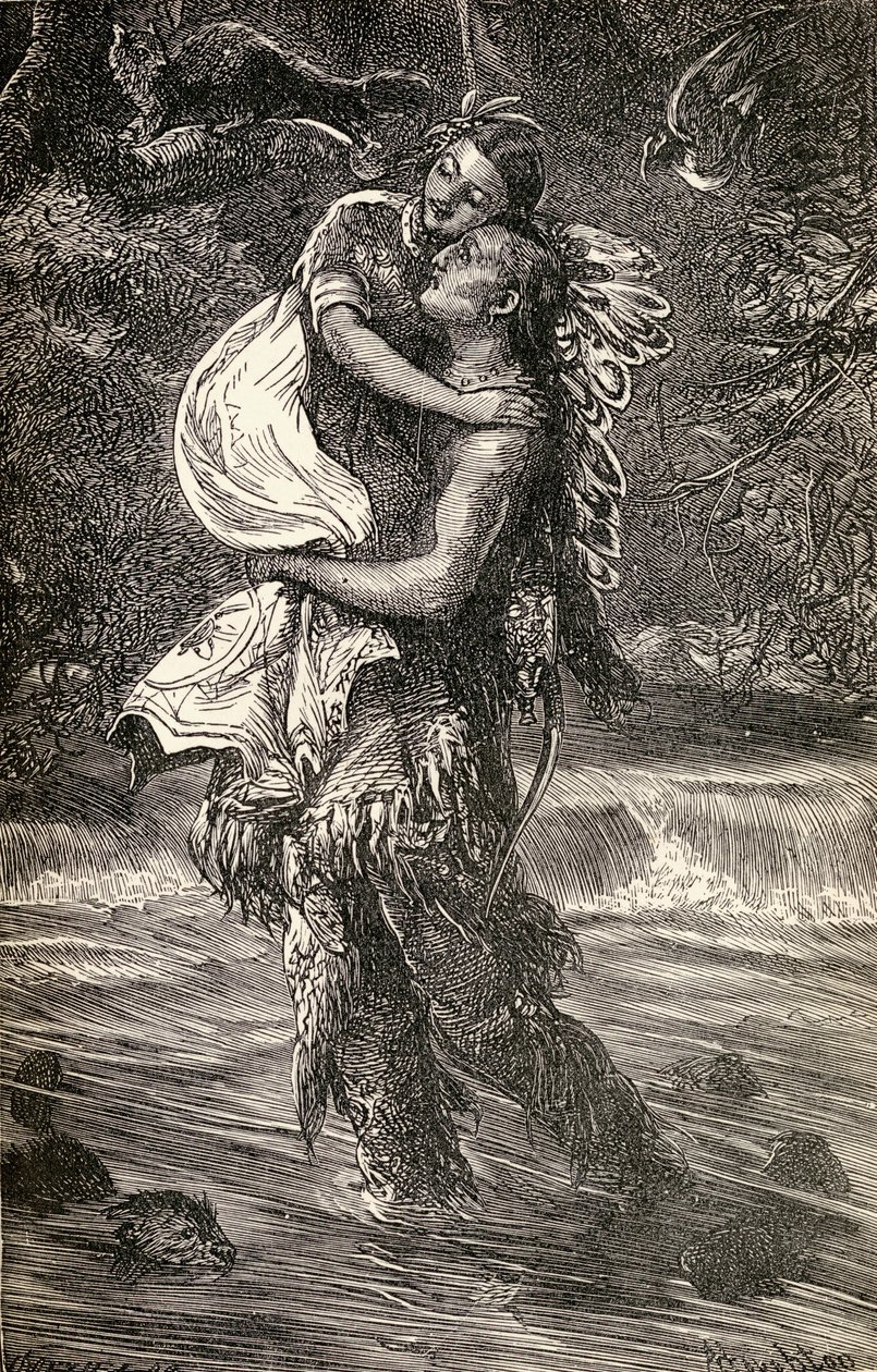 Hiawatha a Minnehaha, ilustrace z básně „Hiawatha“ od Henryho Wadswortha Longfellowa (1807-82) napsané v roce 1855 od American School