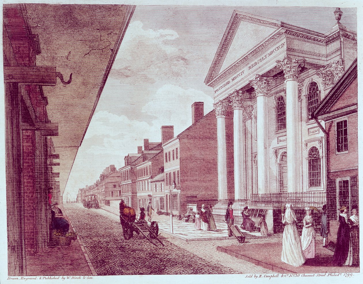High street s prvním presbyteriánským kostelem, Philadelphia, 1799 od American School