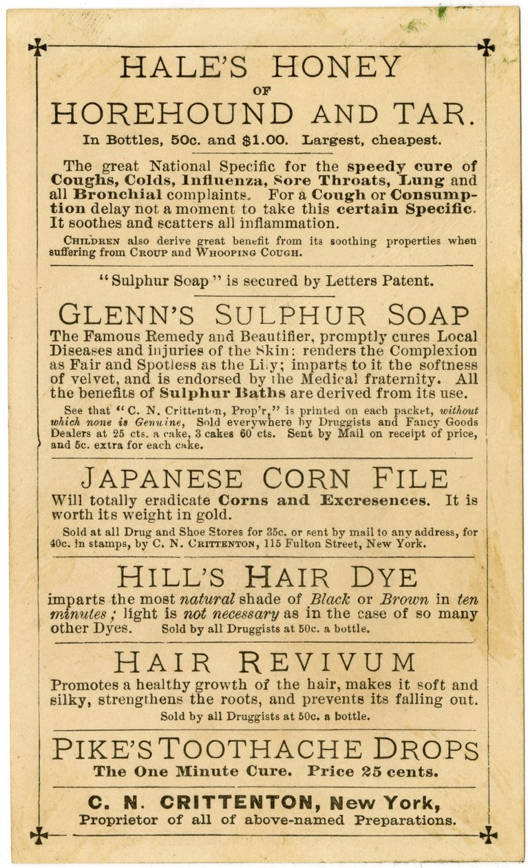 Hills Hair & Whisker Dye, nejlepší, co kdy bylo vynalezeno, C.N. Crittenton, majitel, New York, obchodní karta, verso (litho [obchodní karta]) od American School