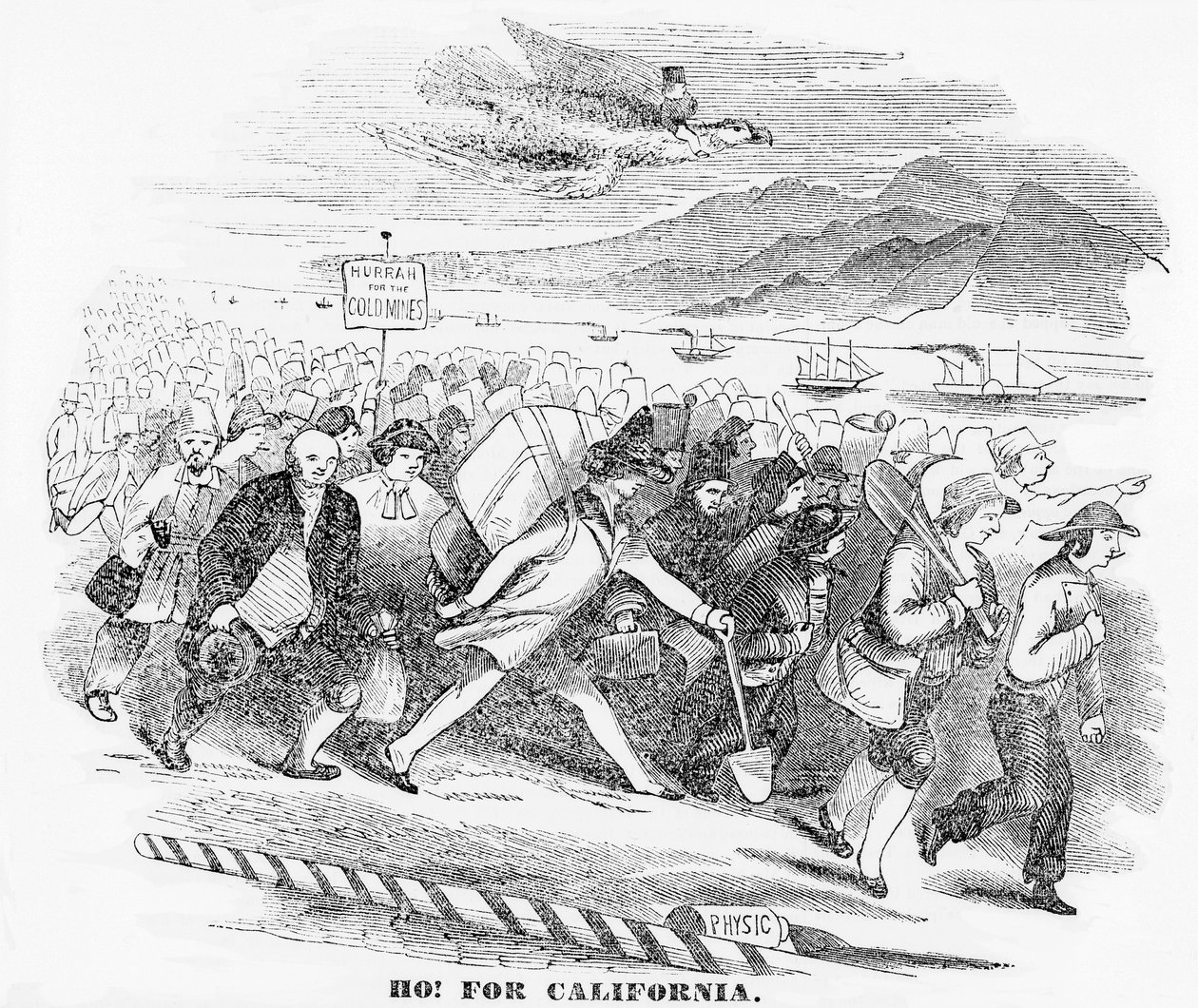 Ahoj! pro Kalifornii, ilustrace z New York Atlas, 14. ledna 1849 od American School