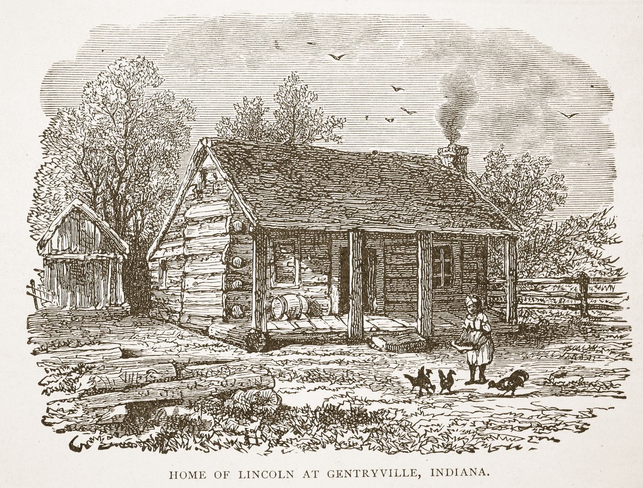 Lincolnův dům v Gentryville, Indiana, z knižní publikace. 1896 od American School