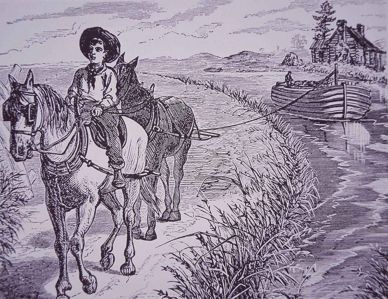 Koně táhnoucí loď na kanálu na vlečné cestě, Erie Canal (rytina) od American School