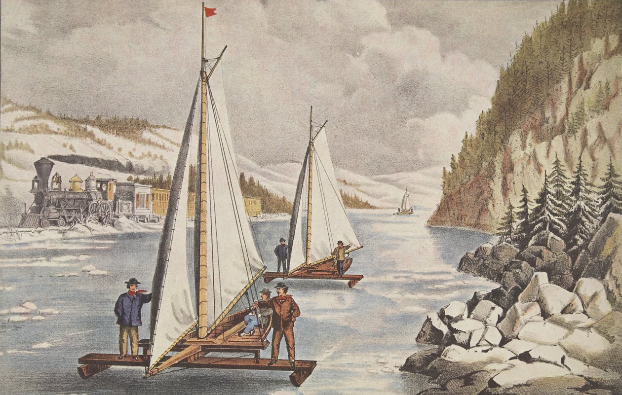 Závod ledových člunů na Hudsonu, hospoda. C. 1855, Currier & Ives od American School