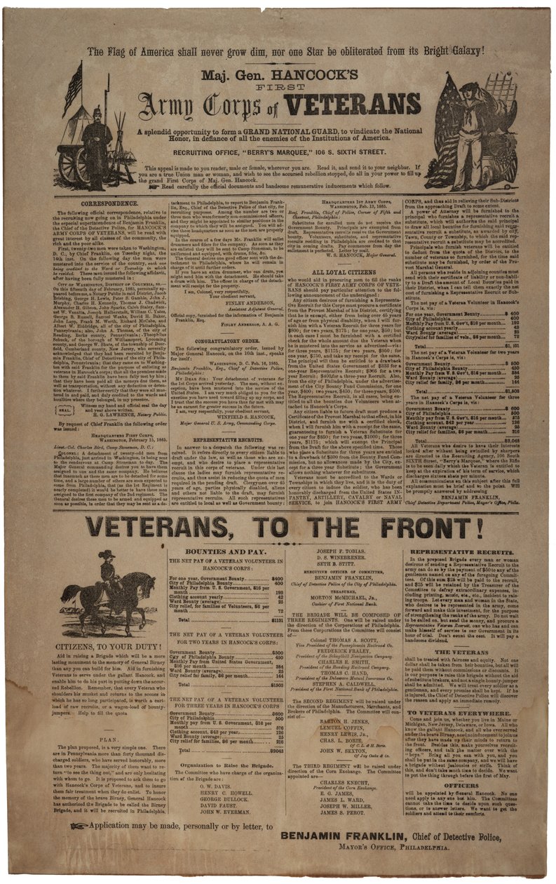 Ilustrovaný filadelfský náborový plakát pro generálmajora Hancockse First Army Corps of Veterans včetně Union muže a ženy., únor 1865 od American School