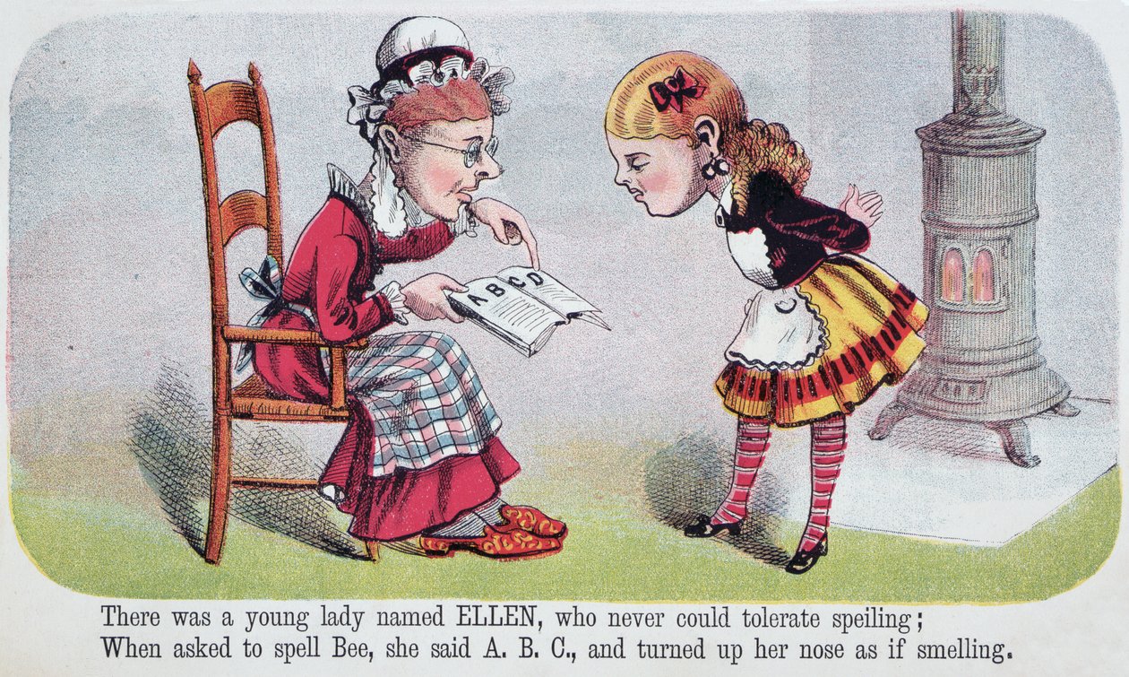 Ilustrace z říkanky Ellen v brožuře Nonsense for Girls, kterou vydalo nakladatelství McLoughlin Brothers, New York, 1874. od American School