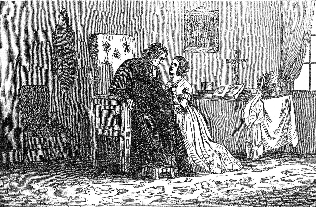 Ilustrace z antikatolické brožury zobrazující mladou ženu svedenou knězem od American School