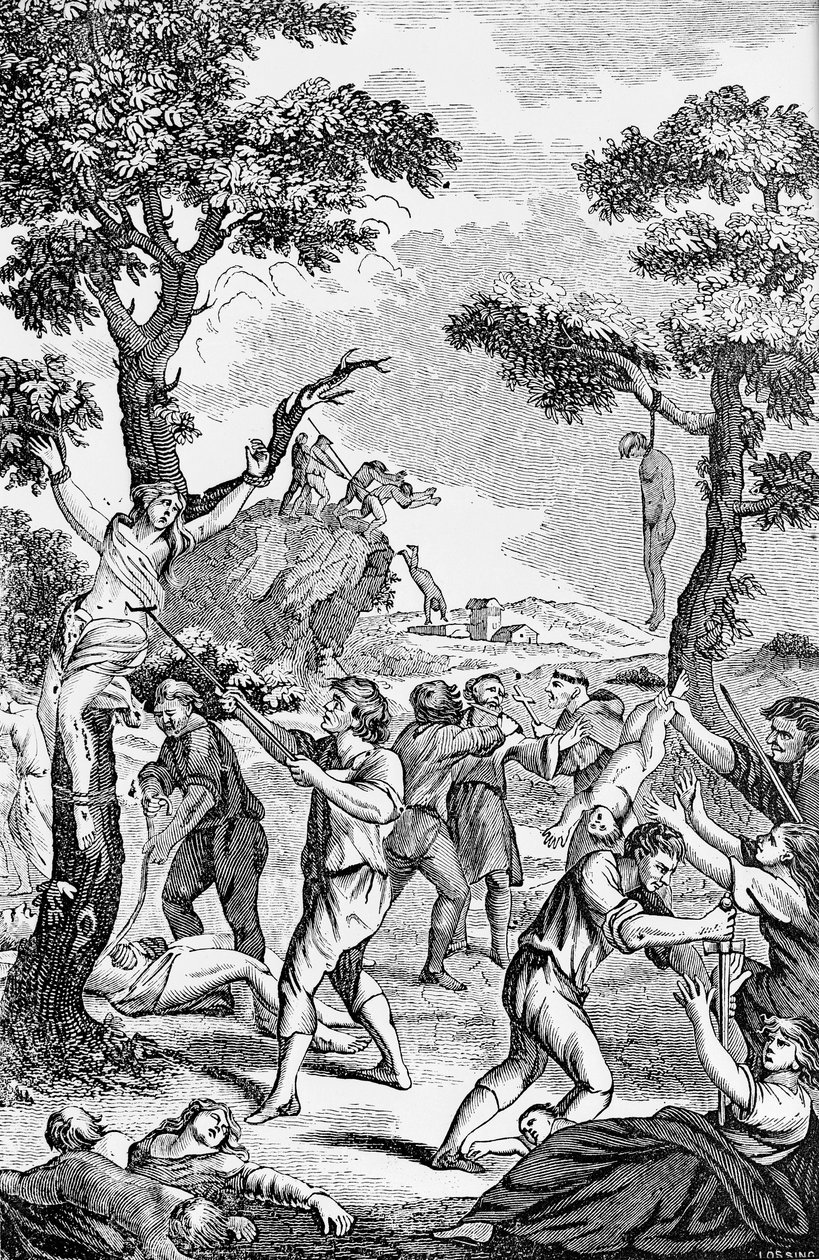 Ilustrace z antikatolické brožury zobrazující vraždy žen a dětí od American School