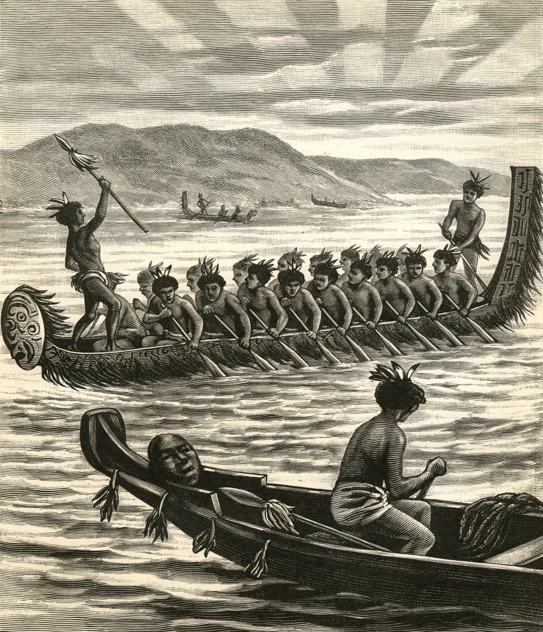 Ilustrace maorských válečníků na kánoích od American School