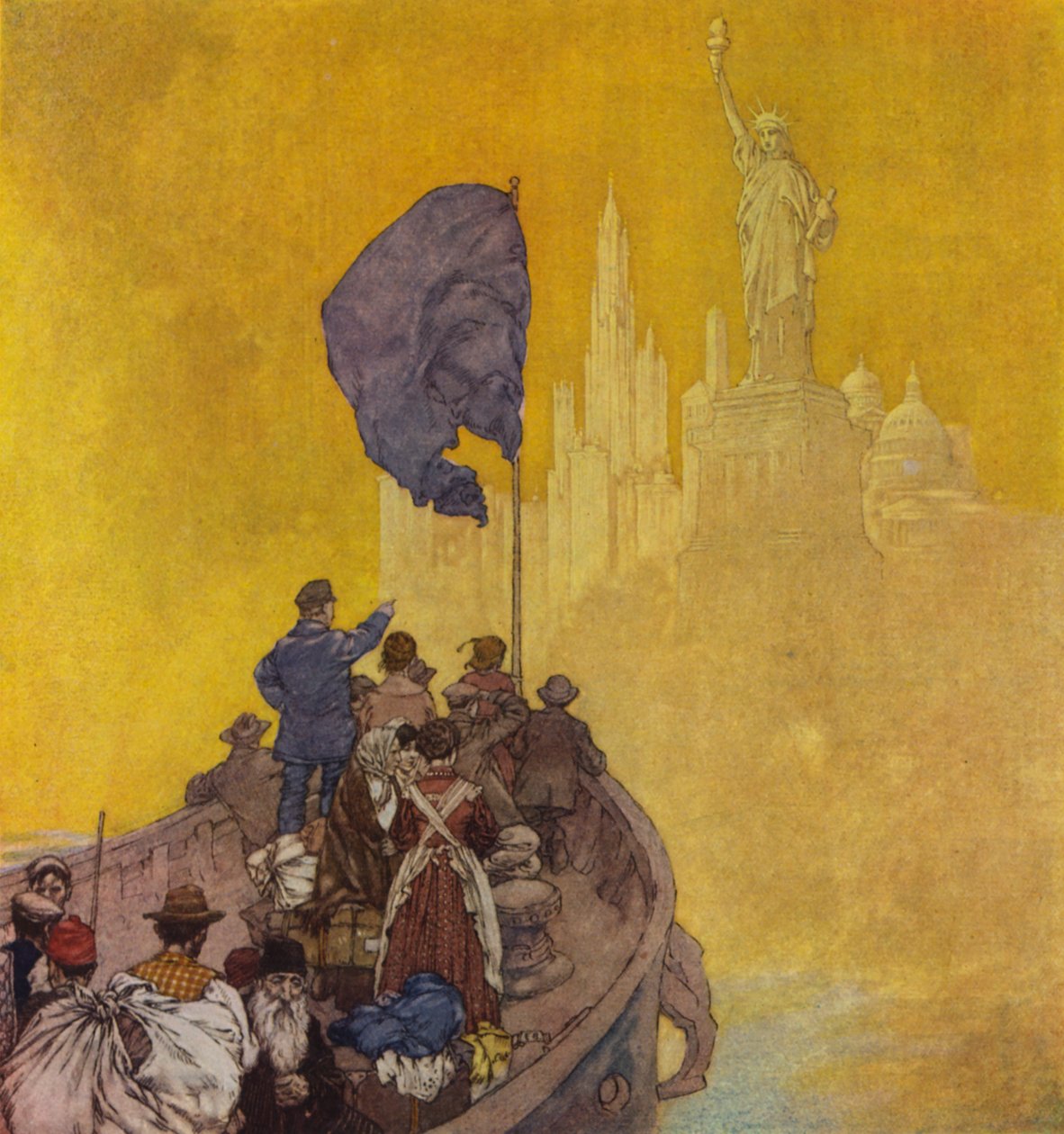Imigranti, příjezd do New Yorku (litografie) od American School
