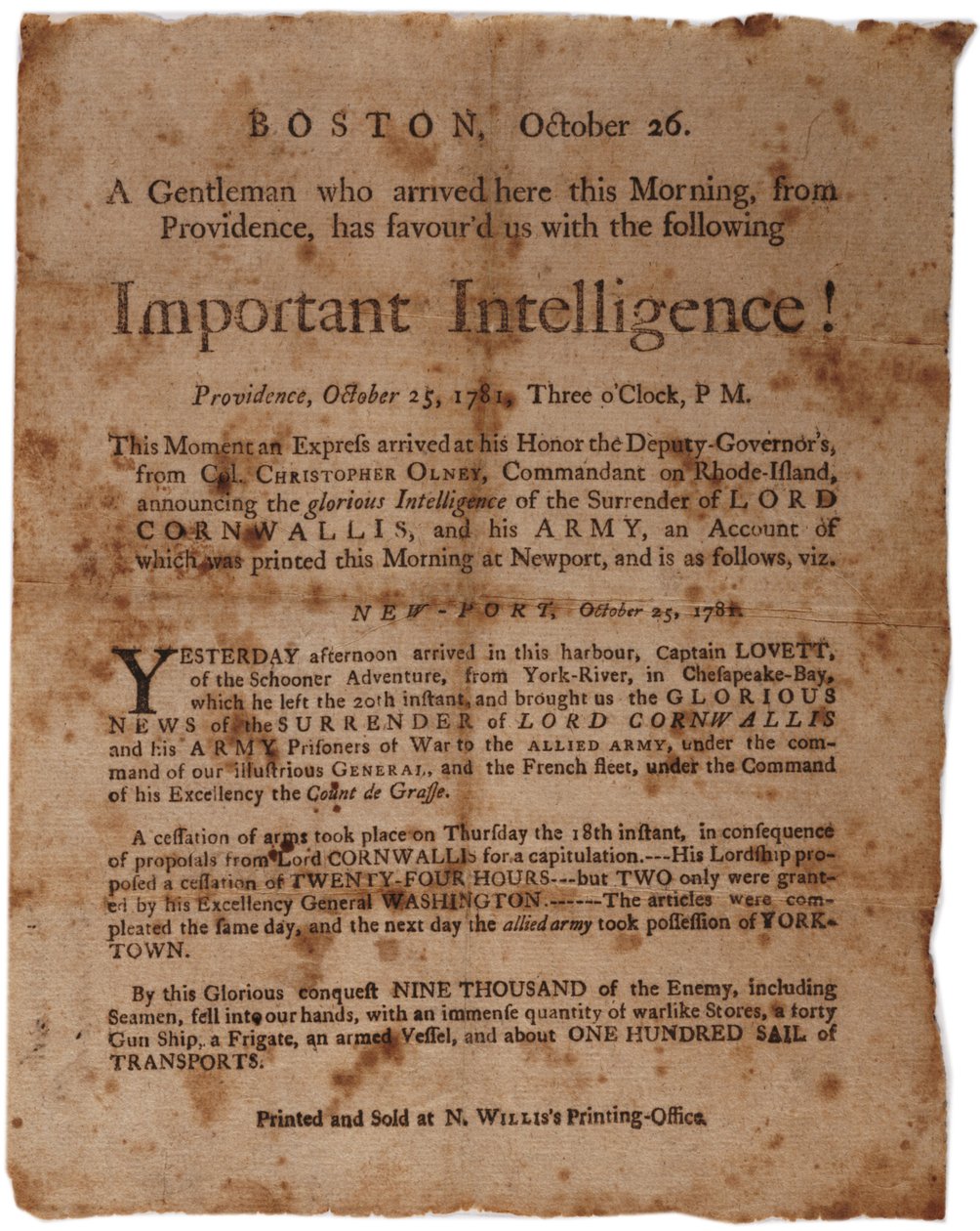Důležitá inteligence! (oznamuje kapitulaci Cornwallise v Yorktownu), malá širokoúhlá strana vytištěná M. Willisem, Boston, 26. října 1781 od American School